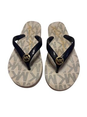 Michael Kors Black Strappy Flip Flops with Gold MK Medallions